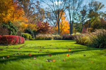 The garden features a vibrant display of autumn foliage, with leaves in various shades of red, orange, and yellow scattered across the lush green lawn under a clear blue sky.