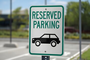 Outdoor Reserved Parking Sign Attached to a Metal Pole, Featuring Bold Black Text and a Car Illustration, with Trees and a Building in the Blurred Background.