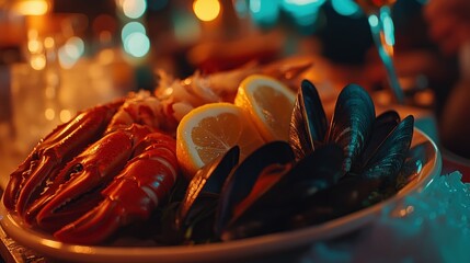 Close-up of Lobster, Mussels, and Lemon Slices on a Plate