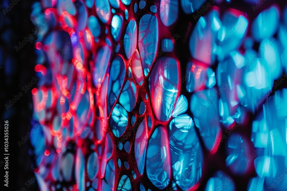 Poster the artwork features an intriguing close-up of luminous blue and red bubbles on a textured backgroun
