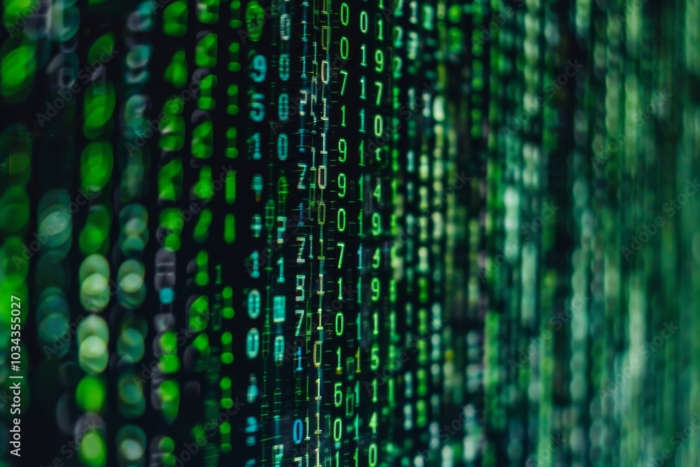 Poster the array of green digits cascades down a dark backdrop, illustrating the flow of data and technolog