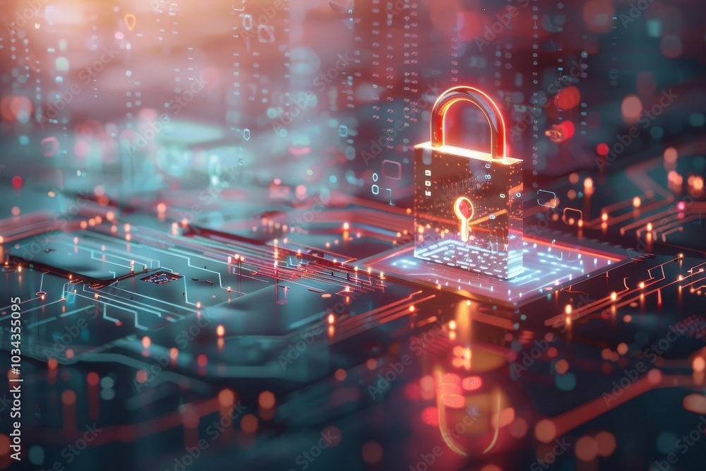 Aufkleber the digital padlock representing cybersecurity stands prominently on a circuit board, surrounded by 