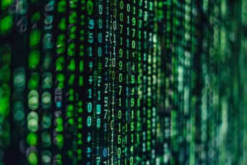 The array of green digits cascades down a dark backdrop, illustrating the flow of data and technology in a dynamic digital atmosphere conveying information processing.