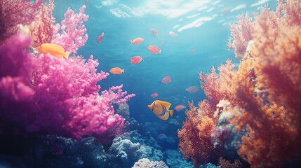 Underwater scene of a vibrant coral reef and tropical fish.