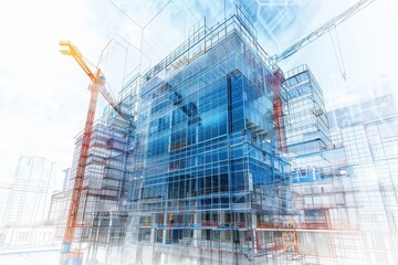 This high-rise construction features a complex blend of glass and steel elements, with cranes in operation, highlighting innovative architectural design and urban development.
