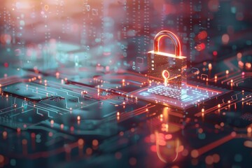 The digital padlock representing cybersecurity stands prominently on a circuit board, surrounded by glowing data streams in a vibrant, tech-inspired environment.
