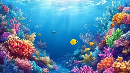 Naklejka premium Underwater scene of a vibrant coral reef and tropical fish.