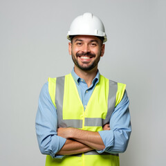 Trabalhador da construção civil engenheiro com colete e capacete para segurança 3