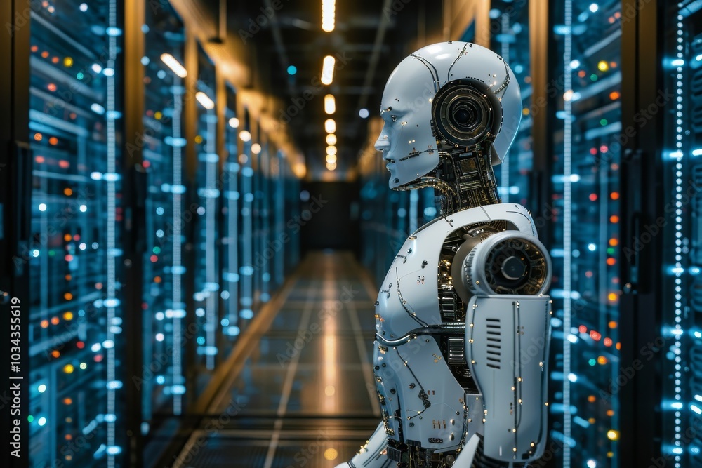 Poster a humanoid robot is positioned in a high-tech data center, surrounded by rows of illuminated servers