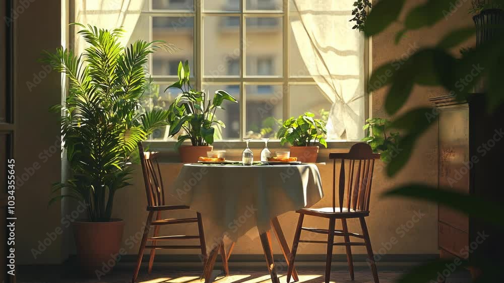 Poster a quaint dining room with a table set for two, bathed in warm sunlight streaming through the window
