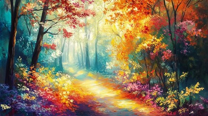 Vibrant autumn forest path, sunlight filtering through colorful leaves. 