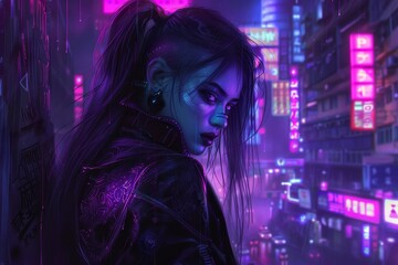 Under the glow of vibrant neon signs, a girl adorned with cybernetic enhancements gazes thoughtfully, immersed in the energy of the lively urban environment surrounding her.