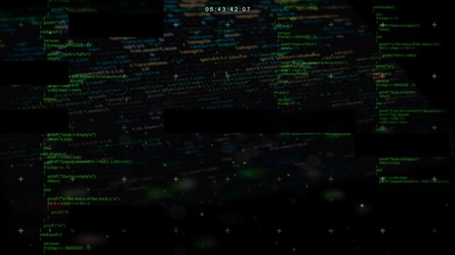 Animation of programming on abstract digital screen. Digital animation of program codes moving against a black background.