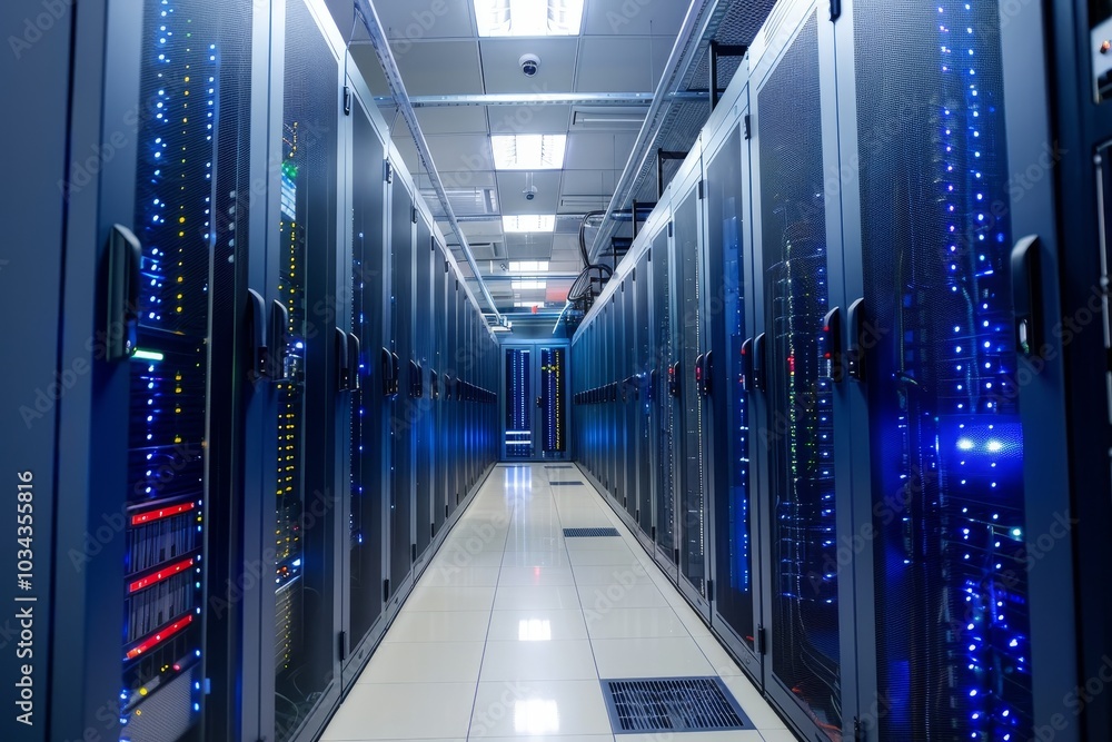 Poster brightly lit server racks line a corridor in a modern data center, showcasing numerous lights and or