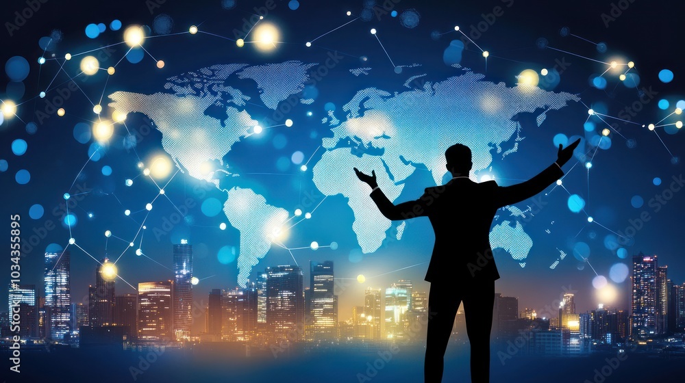 Poster silhouette of a man standing in front of a world map and cityscape at night