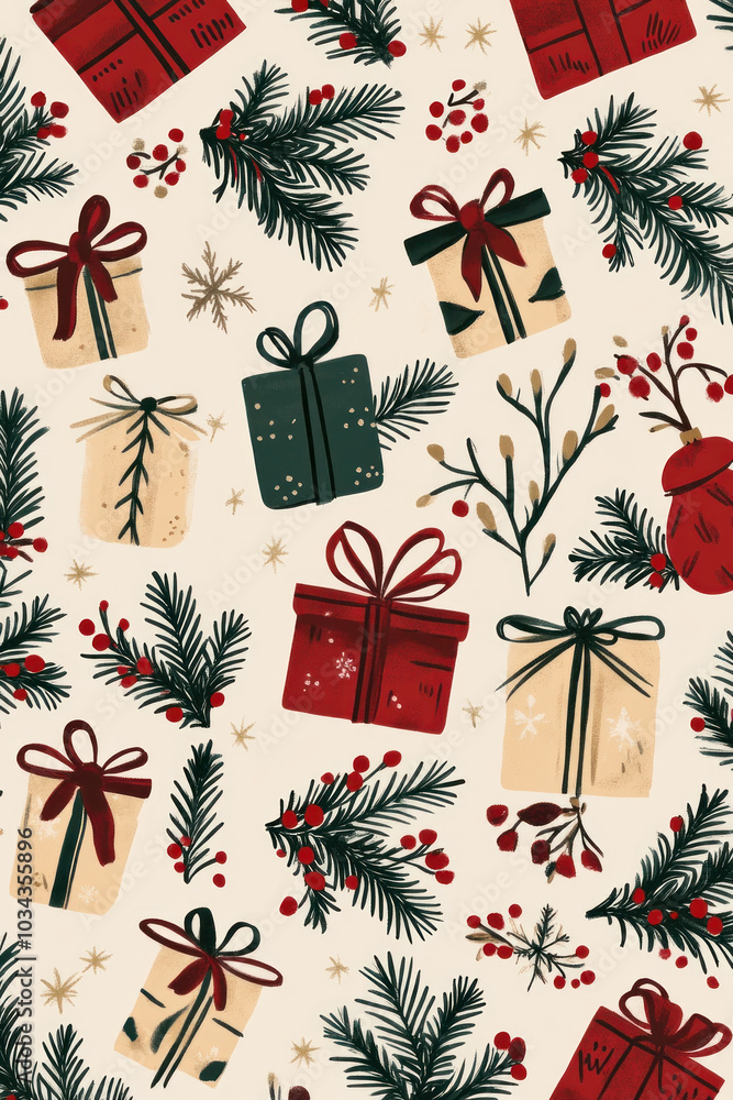 Canvas Prints Christmas seam pattern with presents and fir branches.