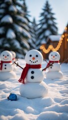 Snowmen celebrating holidays with blue decorations in winter wonderland scene Festive Joyful Holiday Spirit