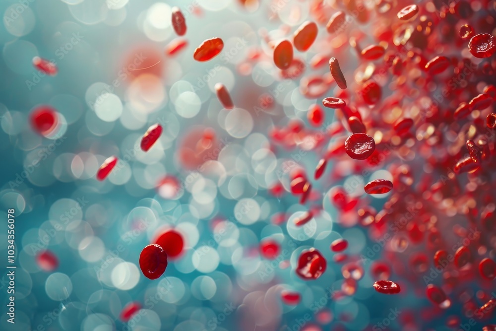 Poster red blood cells are suspended in a dynamic, vibrant blue backdrop, creating an artistic view of circ
