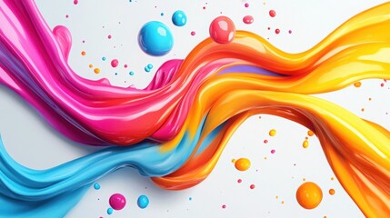 Dynamic and vibrant abstract 3D swoosh pattern with realistic plasticine clay texture, featuring bright curved shapes and motion flow, accented with colorful paint drops and fluid explosion effects.