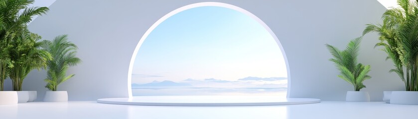 Serene modern interior with large arch window showcasing beautiful sky view and lush green plants for tranquil spaces