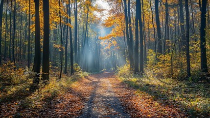 Obraz premium Vibrant autumn forest path, sunlight filtering through colorful leaves. 