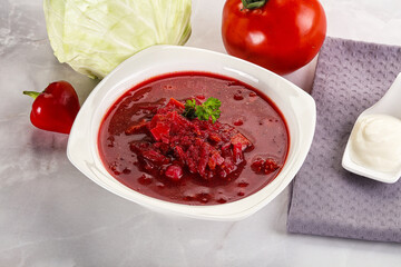 Borsch soup with cabbage and beetroot