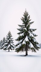 Obraz premium A line of solitary snowy pines stands amidst a tranquil winterscape