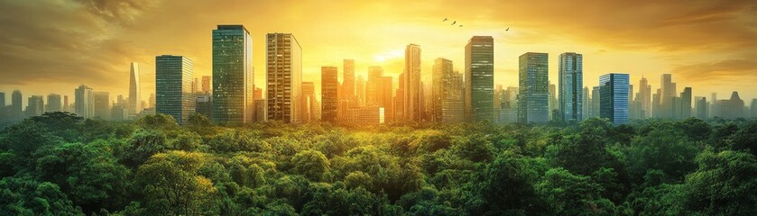 A stunning dawn over a modern cityscape surrounded by lush greenery symbolizing the harmony between nature and urban development