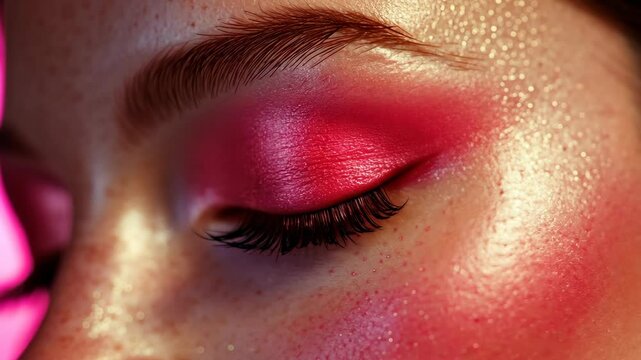 A close-up of a woman's eye with pink eyeshadow and long lashes