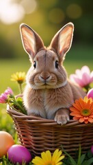 A digital illustration portraying an adorable Easter Bunny carrying a bouquet of blooming flowers
