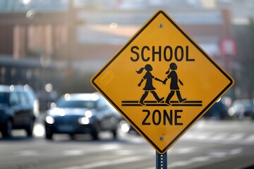 Illustration of School Zone Sign Featuring Two Children Holding Hands While Crossing the Street.