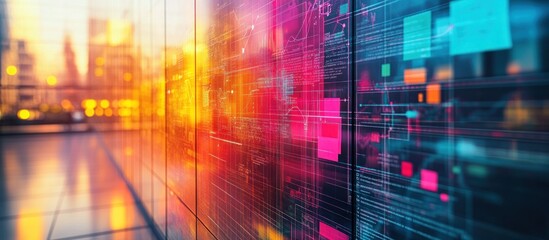 Abstract digital data and code on a screen with a blurry city skyline background at sunset.