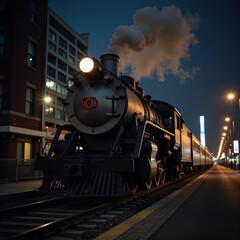 Naklejka premium Train journeys through cityscape at night on tracks