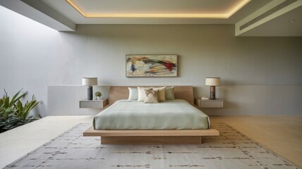 A bed with a white comforter and a painting on the wall.
