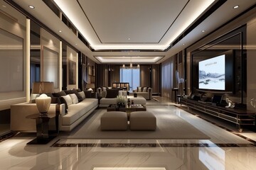 This stylish living room features a spacious layout with modern furniture, soft lighting, and a large TV, creating an inviting atmosphere for relaxation and entertainment.