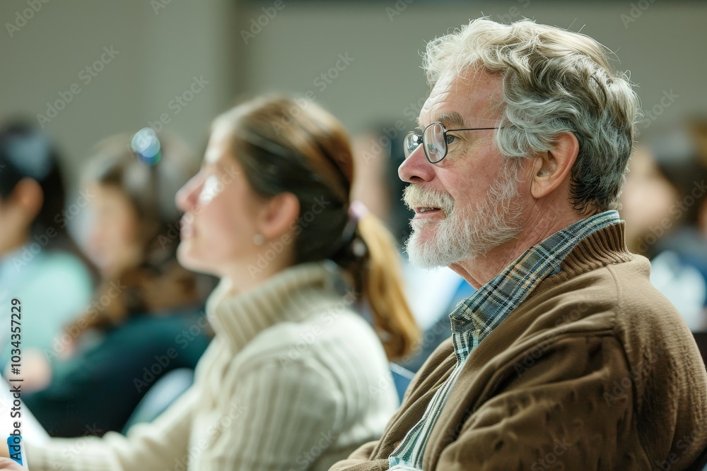 Poster a diverse group of individuals listens intently in a classroom as a speaker presents, highlighting t