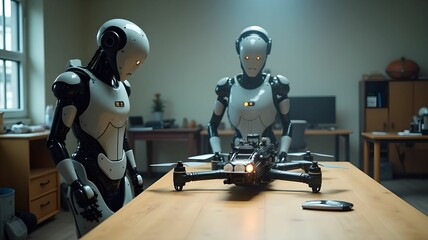 Robots are standing near the table, assemble a drone, for the army