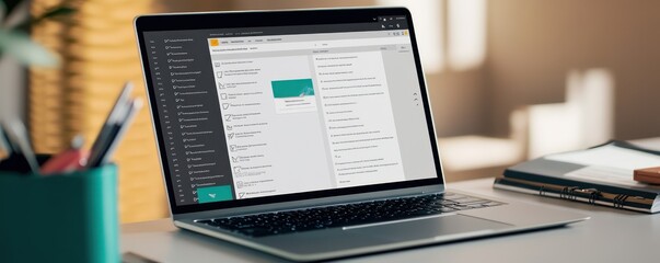 laptop showing a business email draft with professional layout and branding