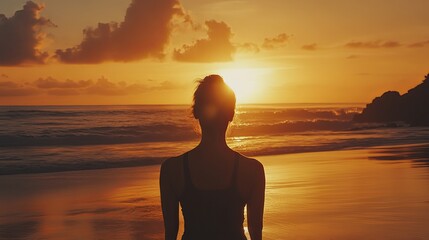 Young woman practicing yoga on a beach at sunset, silhouette against orange sky.