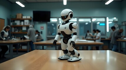 Robots are standing near the table, assemble a drone, for the army