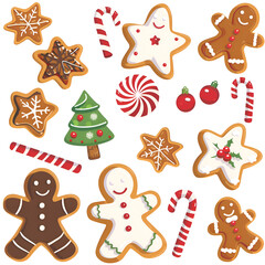 Naklejka premium Holiday illustration with snowman, presents, Santa, cookies for a merry Christmas, stickers