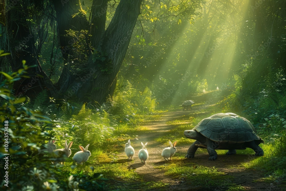 Poster a tortoise makes its way along a forest path bathed in sunlight while several small rabbits gather c