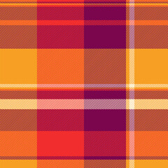 Softness check plaid pattern, heritage seamless texture vector. Discount textile fabric tartan background in orange and pink colors.