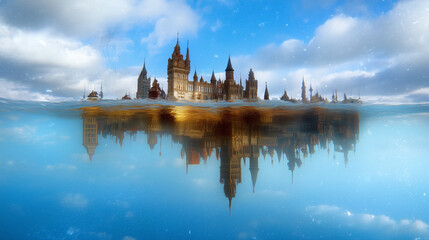 Fantasy castle reflected in still water under a vibrant blue sky with clouds