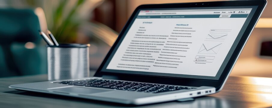 high-end laptop showing a business email draft with professional layout and branding