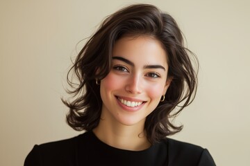 Radiant Smile, Confident Gaze: A young woman with shoulder-length brunette hair beams radiantly at the camera.