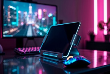 Fototapeta premium Neon gaming setup. Tablet on illuminated stand with colorful cityscape on monitor in background.