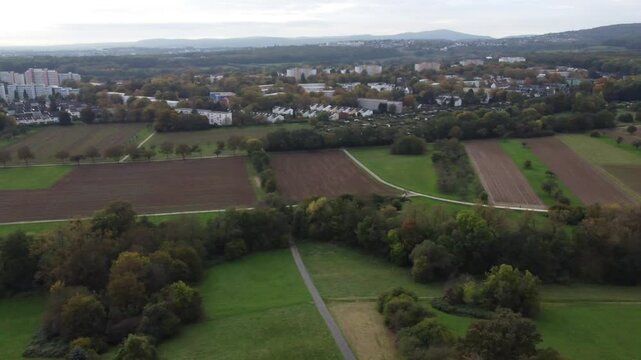 Aerial view of a rural area outside Schwalbach on the side of the mountain range Taunus, Hesse, Germany.