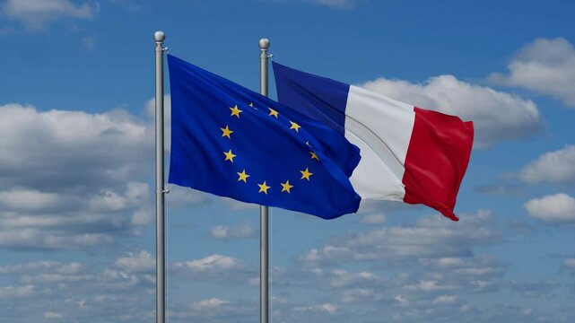 France and European Union flags waving together, video concept of the relationship, two country relations concept