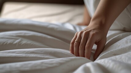 Hands touching soft sheets, blankets, pillows, sleeping, close-up, plain white tone.
